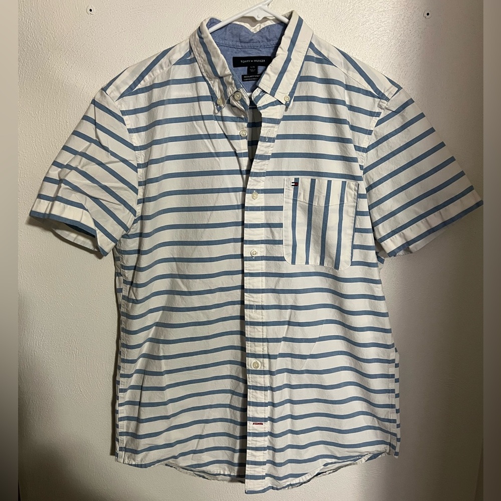 TOMMY HILFIGER Classic Casual Striped Button Down Shirt Blue White Men's Size L